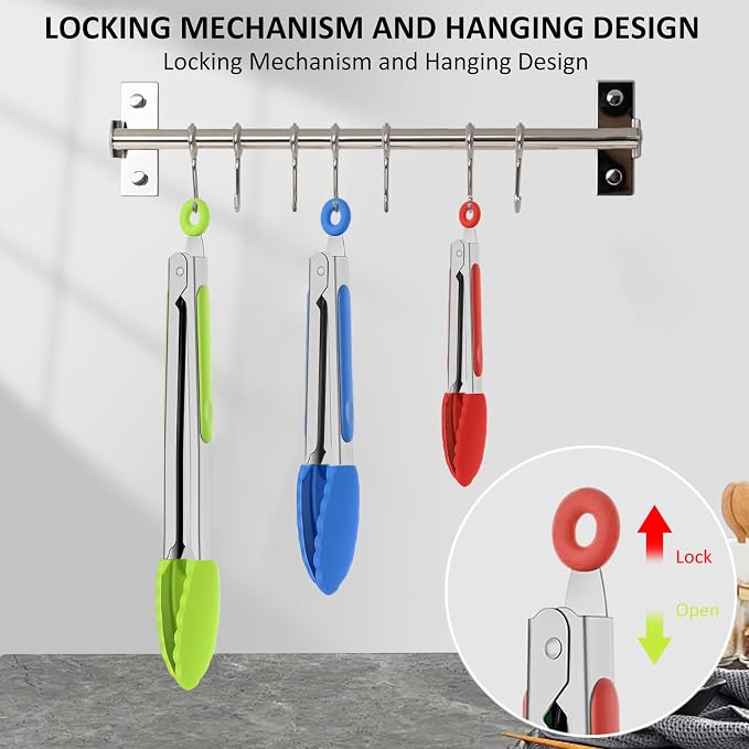 9 Pieces Silicone Tongs for Cooking 7,9,12 inches Kitchen Tongs with Silicone Tip Stainless Steel Heat Resistant Cooking Tongs for Food Grill Salad BBQ Frying and Serving, 3 Color