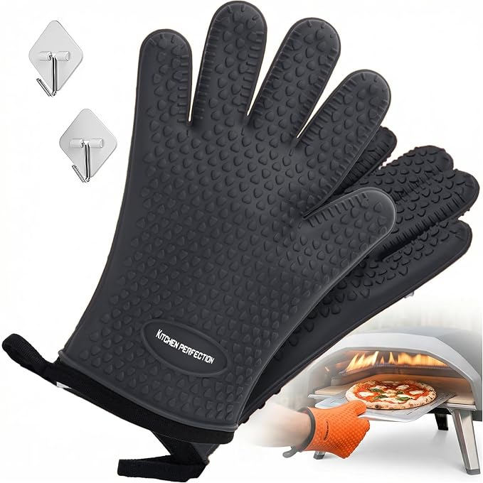 KITCHEN PERFECTION XL Silicone Pizza Oven Gloves Heat Resistant Oven Mitts | Waterproof, 5-Finger Design For A Better Grip, for Outdoor & Indoor Pizza Ovens, Compatible with Ooni, Ninja, Gozney & More