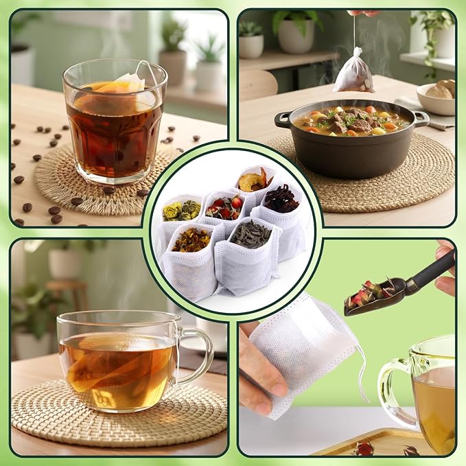 300Pcs Disposable Tea Bags for Loose Leaf Tea, Empty Tea Filter Bags for Cooking, Infuser Sachets for Spice, Coffee, Herb and More (3.54x2.75 Inch)
