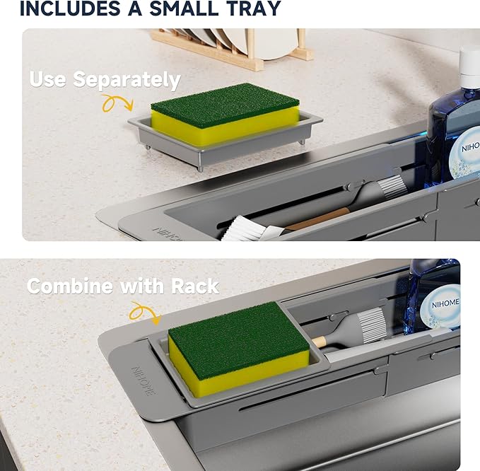 NiHome Extendable Kitchen Sink Caddy, Small Brush Sponge Storage Holder | Expandable Kitchen In Sink Organizer for Brush & Sponge w/ Drainage, Adjustable Length, Non-Slip Pads Durable ABS (Dark Gray)