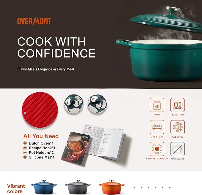 Overmont Enameled Cast Iron Dutch Oven - 5.5QT Pot with Lid Cookbook & Cotton Potholders - Heavy-Duty Cookware for Braising, Stews, Roasting, Sourdough Baking Bottle green