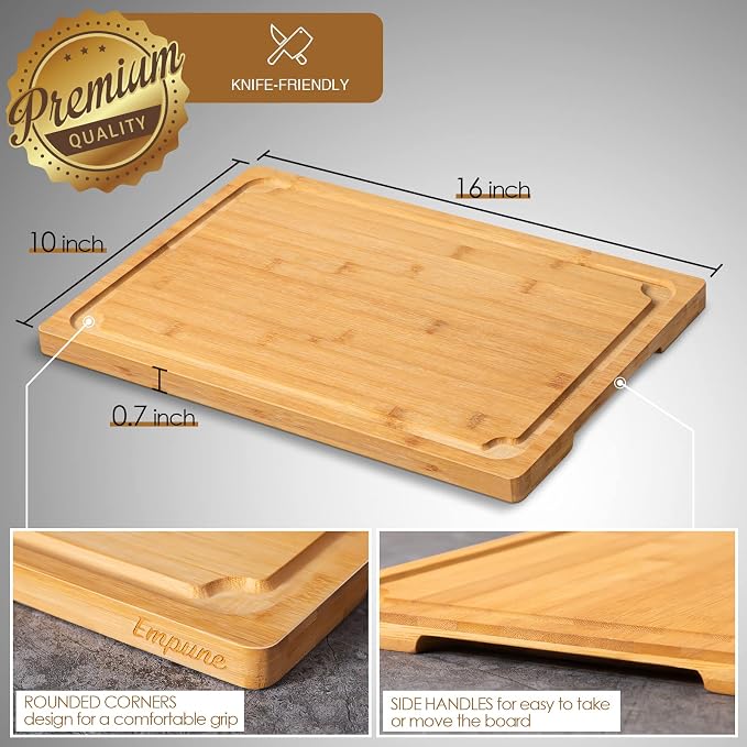 Extra Large Cutting Board, 16" Bamboo Cutting Boards for Kitchen with Juice Groove and Handles Kitchen Chopping Board for Meat Cheese board Heavy Duty Serving Tray, L, Empune