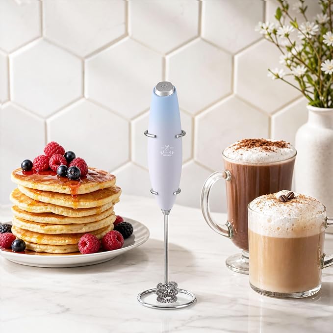Zulay Kitchen Powerful Milk Frother Wand With Duracell Batteries - Ultra Fast Handheld Drink Mixer - Electric Whisk Foam Maker for Coffee, Lattes, Cappuccino & Matcha - Triple Whisk - Pale Cloud