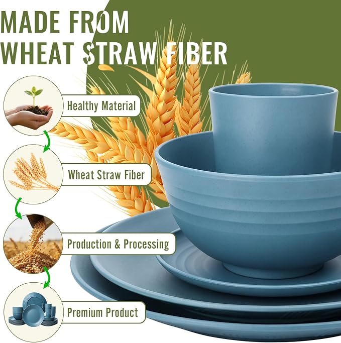 40-Piece Wheat Straw Dinnerware Sets,Unbreakable Dishes Set for 8 - Drinking Cups, Plates and Bowls Sets, Reusable Microwave Safe Dinnerware Set for Home, Outdooor, RVs - Blue