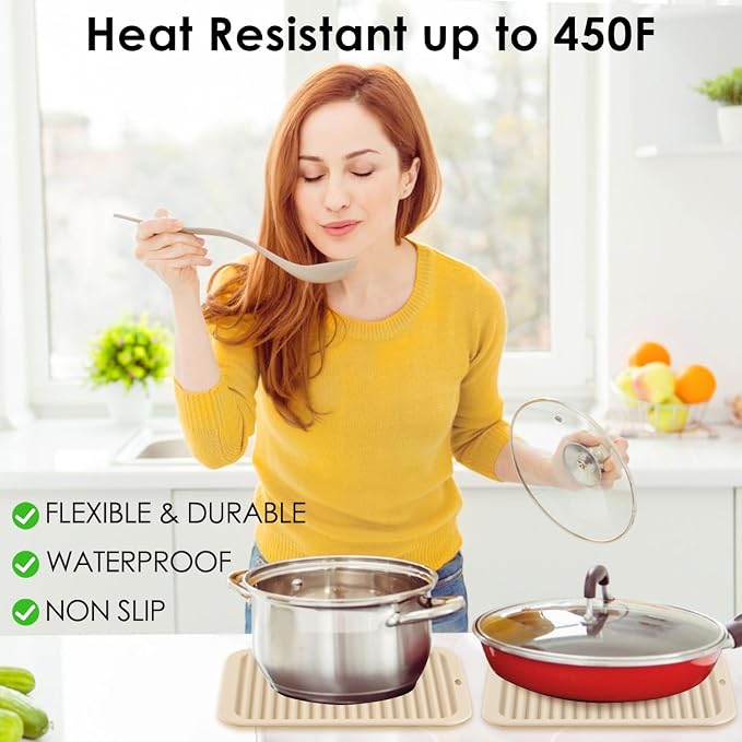 QPIX DIGITAL 4 Pack Beige Silicone Trivets For Hot Dishes, Large And Heat Resistant Silicone Pot Holder Hot Pads For Kitchen, 9x12 Trivet Mat For Hot Pots And Pans, Jar Opener, Drying Mat