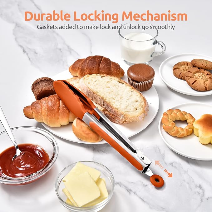 U-Taste Kitchen Tong for Cooking, 600ºF Heat-Resistant Tps, 9in/Orange | Rubber Tong for Serving Food, Salad/Grill/BBQ/Steak/Pasta Silicon Tongs, 18/8 Stainless Steel Handle & Smooth Locking