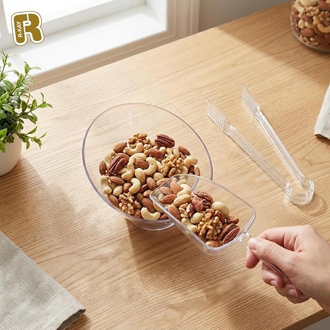 R-kay 36 Pcs Candy Bowls And Plastic Scoops Set - 18 Clear Small Plastic Bowls 6 Oz, 9 Plastic Scoops And 9 Small Tongs Buffet Containers Set Heavy Duty