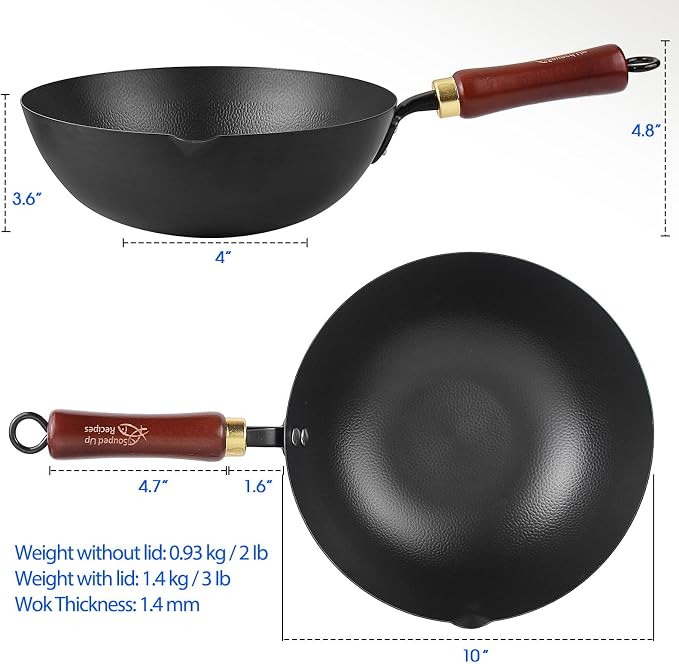 Souped Up Recipes 10 Inch Carbon Steel Wok For Electric, Induction and Gas Stoves (Lid and User Guide Video Included)