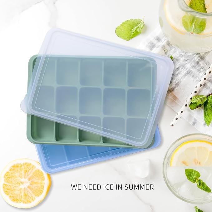 Tvmania Ice Cube Trays Set of 2, 15-Cube Silicone Molds with Removable Lids | Stackable, easy release, BPA-free, reusable, for freezer and whiskey