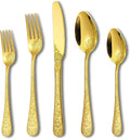 Runfly Modern Carved Floral Gold Stainless Steel 20-Piece Flatware Set | Silverware Set, Vintage Utensil Set, Cutlery Set for Home and Kitchen, with Knife/Fork/Spoon