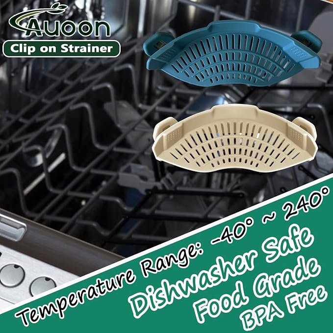 AUOON Pasta Strainer Clip on Silicone, Standard 8.86 x 3.55 in, MilkShake | BPA-free, Fits All Pots Pans Bowls, Dishwasher Safe, for Meat Noodles Vegetable Fruits, Space-saving Kitchen Gadget