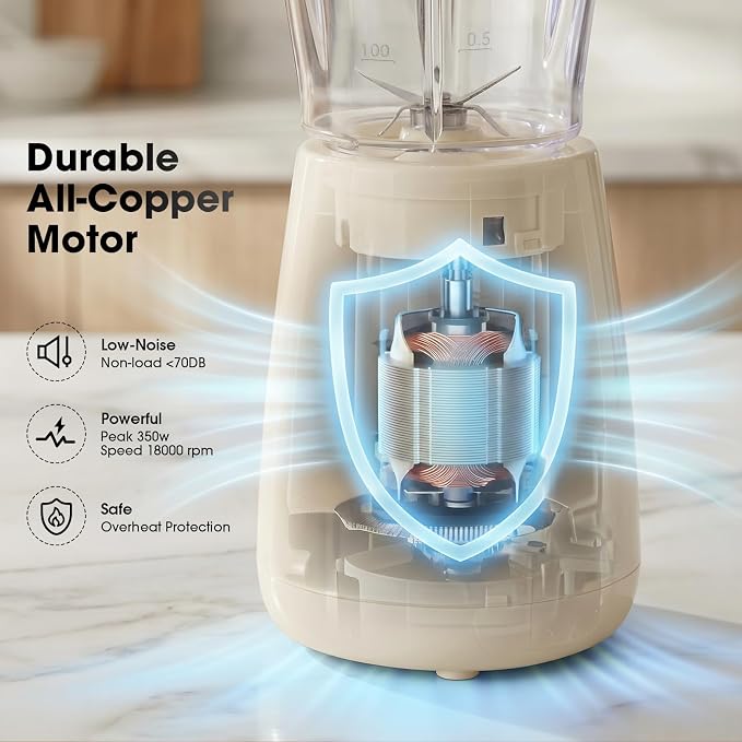 Blenders for Kitchen, 21oz Smoothie Blender, 350 Watt, Ivory | Space Saving, Quiet 70dB, Leakproof & BPA-Free Jar, Easy to Clean, 6 Blades, Blender for Smoothies, Juice and Protein Shakes