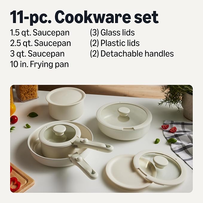 Amazon Basics Ceramic Nonstick Cookware Set with Detachable Handles, 11-Piece Stackable, All Cooktop Friendly, Dishwasher-Safe, Includes Saucepan, Frying Pan, Glass and Plastic Lids, Linen Gray