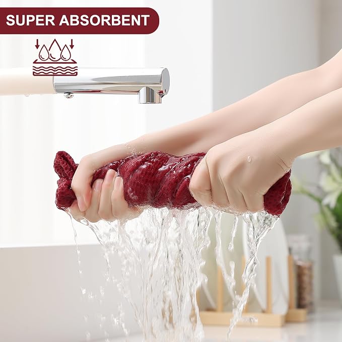 Homaxy 16 Pack 100% Cotton Kitchen Towels and Dishcloths Set, Burgundy | 12 x 12 Inches and 13 x 28 Inches Kitchen Towels Set, Ultra Soft Absorbent Dish Cloths for Washing Dishes