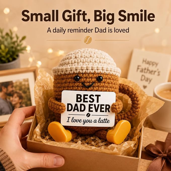 Fathers Day Gift for Dad from Daughter Son, Dad Gifts Crochet Coffee Cup, Best Dad Ever I Love You Handmade Crochet Decor, Birthday Christmas Coffee Lover Gifts for Daddy Papa
