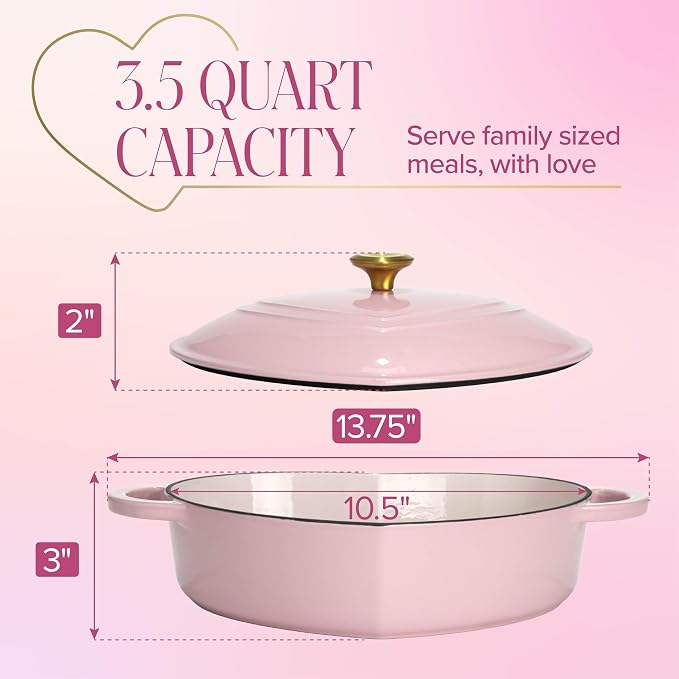 Paris Hilton Enameled Cast Iron Braiser, Heart-Shaped Skillet with Lid, Superior Heat Retention Casserole, Stovetop and Oven-to-Table, 3.5-Quart, Pink