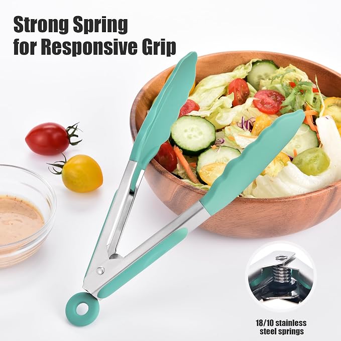 Doosu Kitchen Tongs with Silicone Tips for Cooking Serving (3Pcs, Aqua Sky) | 600°F Heat Resistant Food Tong, Heavy Duty Stainless Steel Locking Tong for BBQ, Grilling Steak, Salad, Toast, Pasta