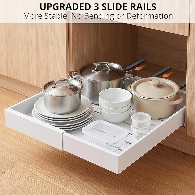 DOMNIU 2 Pack Pull Out Cabinet Organizers Expandable Width (12.4''-20.27'') | Upgrade 3 Slide Rails Sliding Drawer for Kitchen Cabinet Organizer with Adhesive Nano Film, White