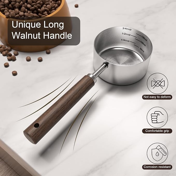 Dog-Cat Food Scoop Measuring-Cup - 3/4 Cup (6 Oz),304 stainless steels,Black walnut long handle