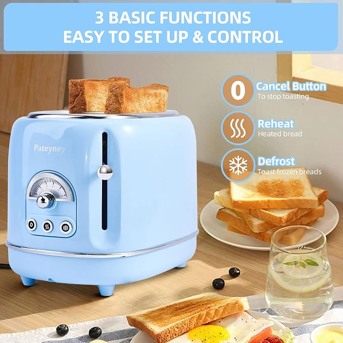 Retro Stainless Steel Toaster - 2 Slice, Extra-Wide Slot, 6 Adjustable Settings, Removable Crumb Tray, Defrost, Cancel, Reheat (Light Blue)