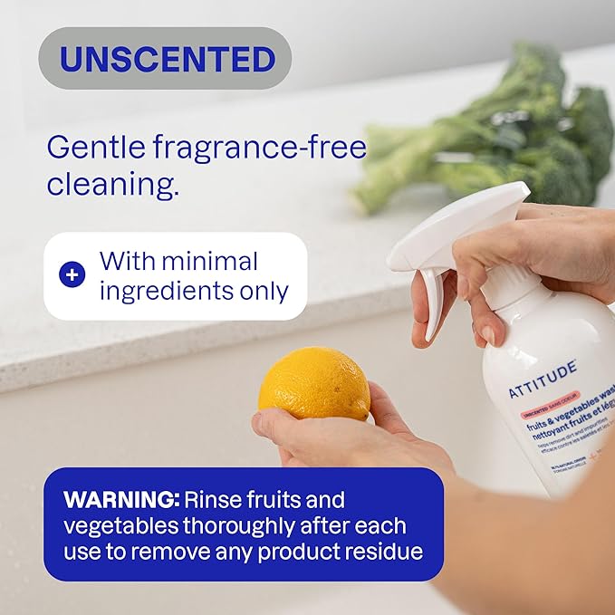 ATTITUDE Fruit & Vegetable Wash, Unscented Food-Safe Produce Wash to Remove Dirt, Wax & Residue, Vegan Plant-Based Produce Cleaner, 27.1 Fl Oz (Pack of 6)
