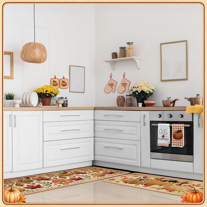Fanfanwin 10 Pcs Fall Pumpkin Kitchen Decor Set Maple Leaves Kitchen Towels Pot Holders Oven Mitts and Rugs Set for Cooking Baking Gift Harvest Autumn Home Decor