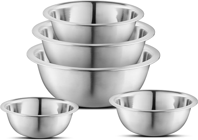 Premium Stainless Steel Mixing Bowls, Set of 5 Brushed Stainless Steel Mixing Bowl Set, Easy To Clean, Space Saving, Great for Cooking, Baking, Prepping (5 Pc Mixing Bowl)