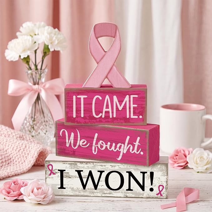 Lineshading 4 Pcs Breast Cancer Wooden Block Signs Farmhouse Decor | Rustic Table or Tiered Tray Decor, Pink Ribbon Survivor Gift, Wooden Blocks with Inspirational Messages for Home Awareness