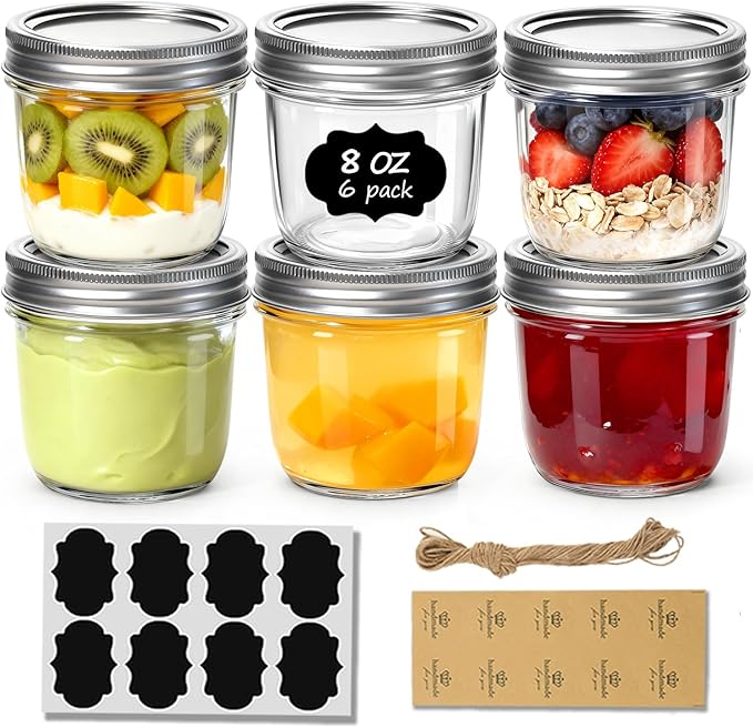 ComSaf 8 oz Wide Mouth Mason Jars, 6 Pack Small Half Pint Jars with Lids | BPA-Free, Half-Pint Portion, Chunky Salsa, Overnight Oats, Party Favors, Meal Prep, DIY Candles, Labels and Twine