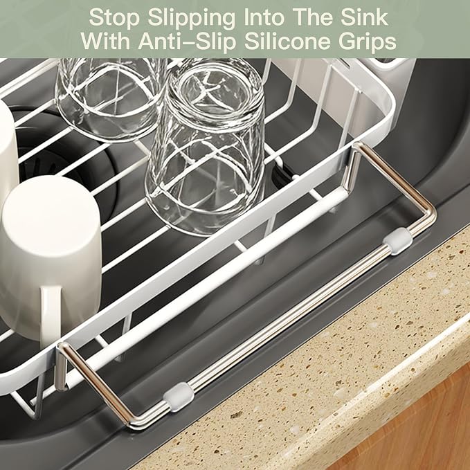 White Dish Drying Rack Over The Sink with Utensil Holder | Expandable Stainless Steel Dish Drainer for Small Kitchen, Apartment, RV, Counter Space Saving, Perfect Fit, Rustproof