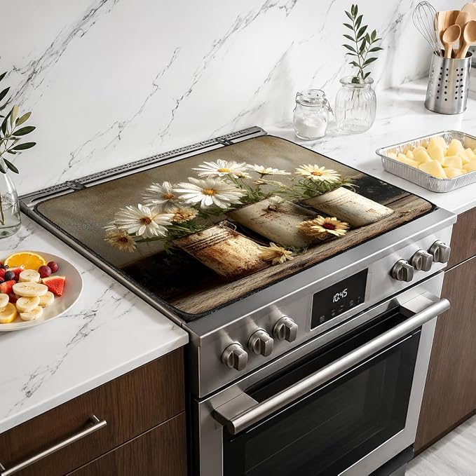 Electric Stove Top Cover for Glass Top, Daisy Birch Vase Floral – Heat Resistant Flat Stove Top Covers, Decorative Scratch Protector Mat for Glass Ceramic Cooktop, Non-Slip, 28"x20"