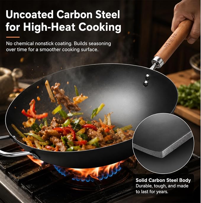 WANGYUANJI Carbon Steel Wok with Lid, 12.6 Inch Flat Bottom Wok Pan, Uncoated Stir Fry Pan with Wooden Handle, Chinese Wok for Gas, Electric, Induction & Ceramic Stoves | Uncoated Stir Fry Pan with Wooden Handle for Gas, Electric, Induction & Ceramic S...