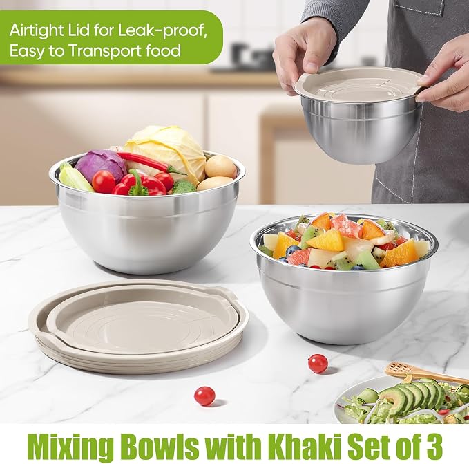 P&P CHEF Stainless Steel Mixing Bowls with Lids, Set of 3, Khaki | Nesting Salad Bowl, Sturdy& Rust Proof, Airtight & Stackable, Suit for Mixing, Storing, Prepping, 3 Size - 4.6/3 /1.5 QT