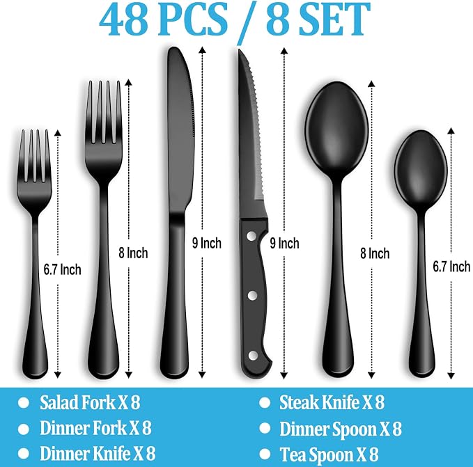 48 Pcs Black Silverware Set with Steak Knives, Stainless Steel Flatware Cutlery Set for 8, Kitchen Tableware Sets, Utensil Sets for Home and Restaurant, Dishwasher Safe