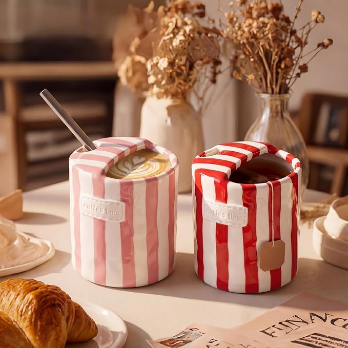 2 Pack Ceramic Mug with Sip Hole, Simple, Red, Pink | 10oz Ceramic Coffee Cup with Straws, Retro Hand Painted Striped, for Iced Coffee Tea Latte Espresso, Kitchen Dining Travel