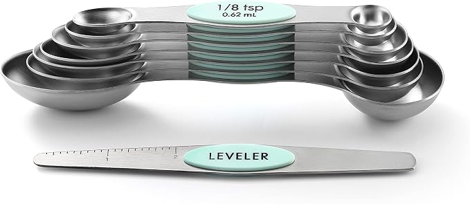Spring Chef Stainless Steel 8 Magnetic Measuring Spoons for Kitchen, Mint | Dual Sided Metal Teaspoon & Tablespoon Measuring Spoons with Leveler for Dry & Liquid Ingredients, Nesting, Dishwasher Safe
