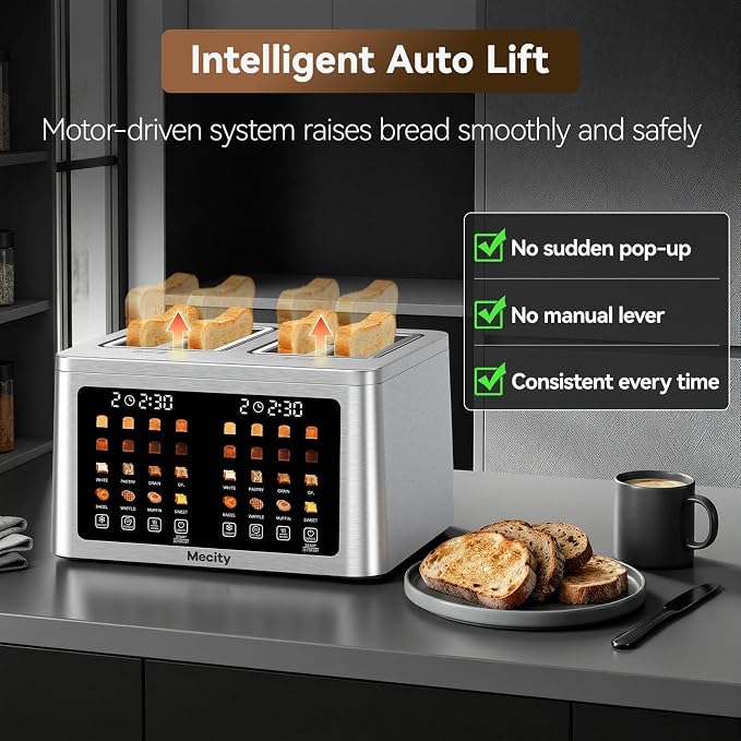 Mecity 4 Slice Toaster Wide Slot, Auto Lift Keep Warm Smart Toaster with Touch Screen, Dual Control Panel, Defrost, Auto Shut Off Digital Toasters for Bagel Muffin Waffle Gluten Free Breads 1700W 120V