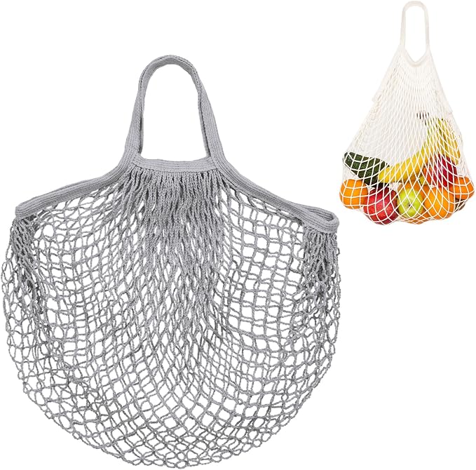 M METERXITY 1-Pack Cotton Mesh Bag, Reusable Washable Mesh Net String Grocery Bags, Reusable Produce Bags with Handle, Net Tote Bag for Fruits/Vegetables Shopping [Gray, Short Handle]