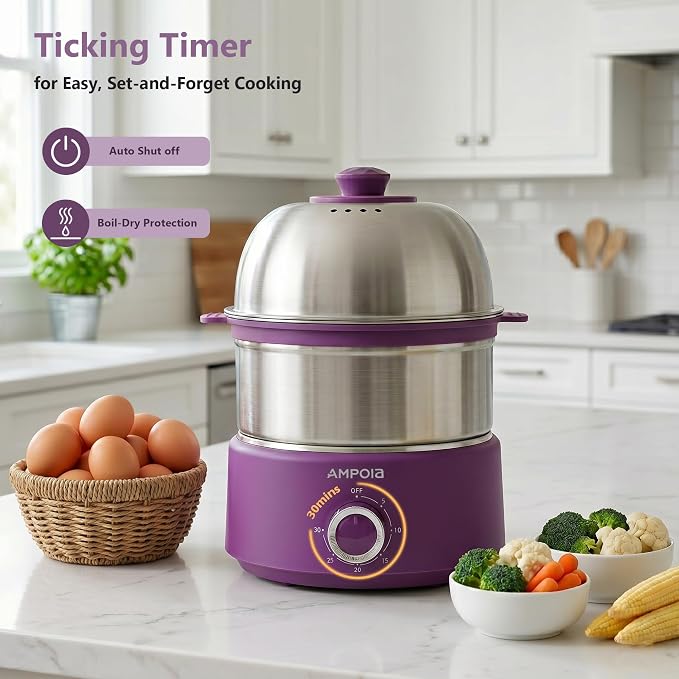 14 Eggs Electric Egg Cooker, 350W Rapid Egg Boiler with 30-Min Timer & Auto Shut-Off, Stainless Steel, Dishwasher Safe for Soft, Medium, Hard Boiled, Steamed Eggs, Vegetables & Seafood, Purple