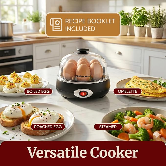 Elite Gourmet EGC007CHC Rapid Egg Cooker, 7-Egg, Charcoal Grey | Poaches, makes omelets, cooks easy-to-peel hard, medium, soft-boiled eggs - auto shut-off, alarm, 16-recipe booklet included