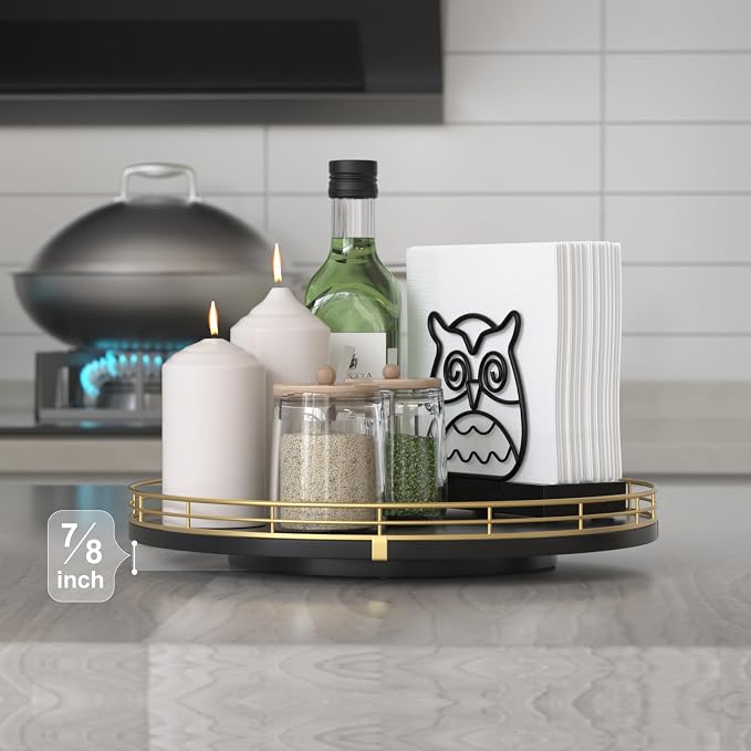 Oroyutor 12-Inch Oak Lazy Susan Spice Organizer with Gold Metal Rail | Rotating oak tray organizes spices, toiletries and decor on kitchen counters, bathroom vanities, dining and coffee tables.