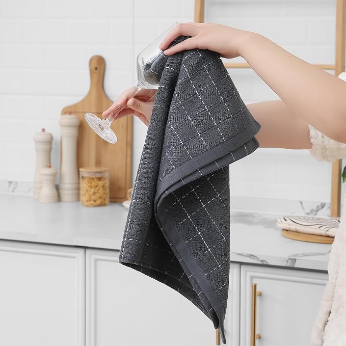 Homaxy 100% Cotton Terry Kitchen Towels, Large 4 Pack, Dark Grey | Ultra Soft and Absorbent Dish Towels for Kitchen, Suitable for Drying and Washing Dishes