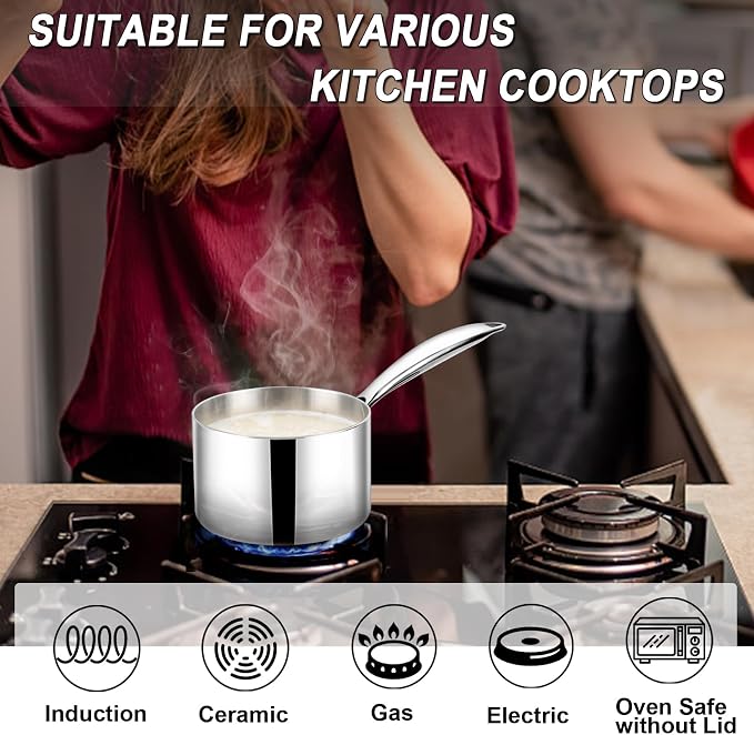 TeamFar 2qt Saucepan with Lid, Stainless Steel Tri-Ply Sauce Milk Pan | Small Cooking Pot with Ergonomic Handle, for Induction/ Gas/ Electric/ Ceramic, Healthy & Dishwasher Safe