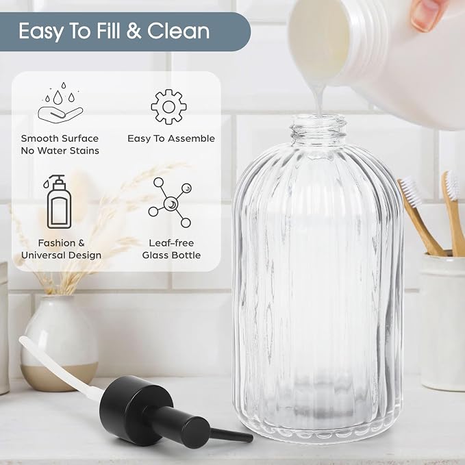 Topsky Glass Soap Dispenser with Plastic Pump, 400ml Liquid Hand Soap Dispenser, Rustproof Pump for Kitchen & Bathroom, Great for Lotions, Essential Oil, Liquid Soaps,Transparent