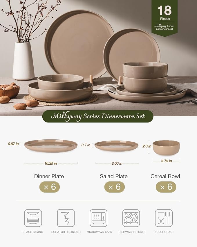 Famiware Milkyway 18-Piece Stoneware Dinnerware Set, Cinnamon Brown | Plates and Bowls for 6, Dishes Set for Everyday & Formal Use, Microwave & Dishwasher Safe, Chip & Scratch Resistant