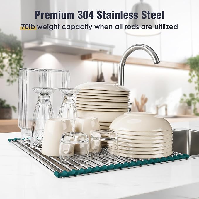 Tomorotec Roll Up Dish Drying Rack Over Sink,304 Steel,17.7x15.5,DarkGreen | Anti-Slip Silicone Rims For Grip, Heat-Resistant Trivet Mat Holding Heavy Cookware, Rustproof Kitchen Counter Space Saver