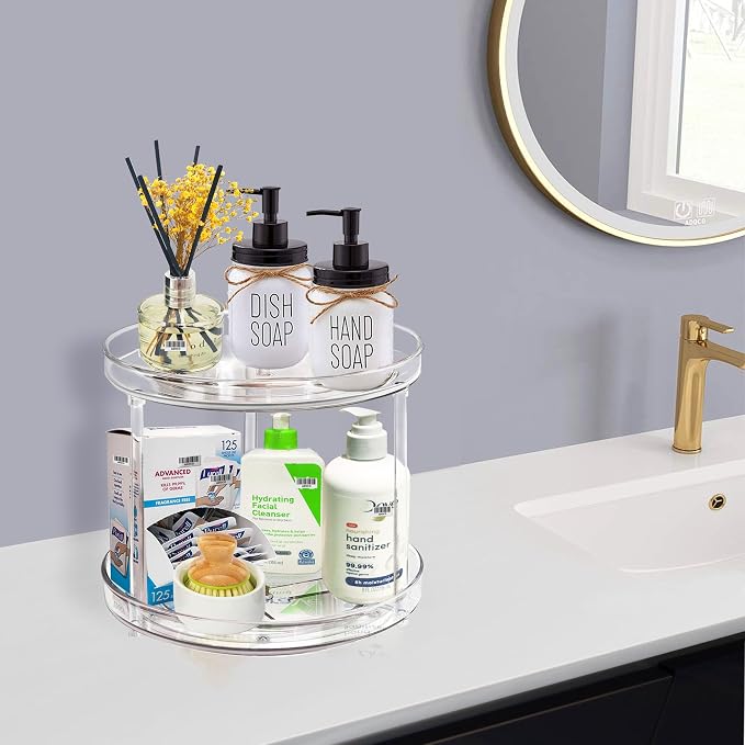 2 Tier Lazy Susan Bathroom Organizer, 9.25Inch Clear 360 Rotating Makeup Organizer for Vanity, Skincare Organizers Perfume Organizer, Spice Rack Organizer for Cabinet- Home Organization and Storage | Clear 360 Rotating Makeup Organizer for Vanity,Skinc...