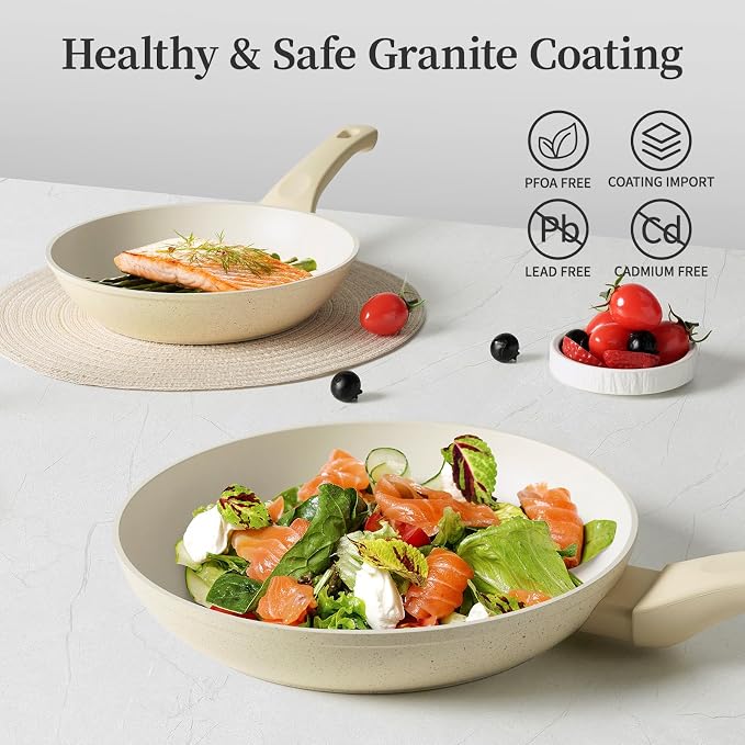 Innerwell Nonstick Ceramic Frying Pans Skillets Set with Lid 8"+9.5"+11" | No Toxic Egg Omelette Frying Pan, All Stove Compatible, Healthy Granite Induction Cooking Pan, PFOA & PFAS Free, Cream White