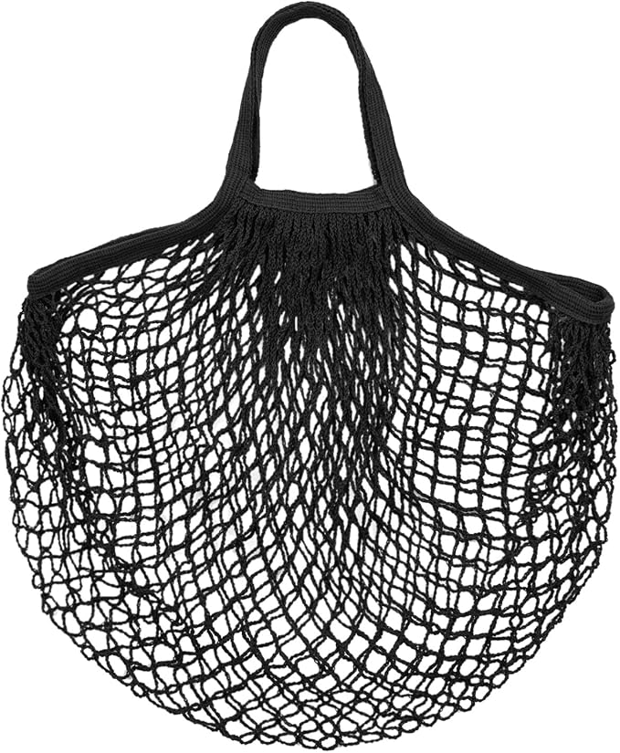 M METERXITY 1-Pack Cotton Mesh Bag, Reusable Washable Mesh Net String Grocery Bags, Reusable Produce Bags with Handle, Net Tote Bag for Fruits/Vegetables Shopping [Black, Short Handle]