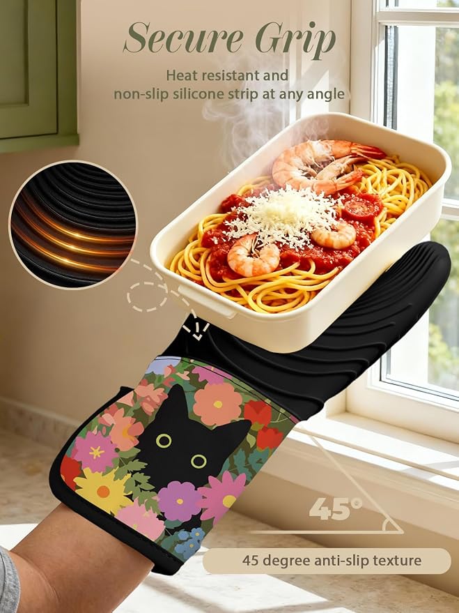 Slohif Long Silicone Oven Mitts Heat Resistant for Women - 2 Pcs Black Cat 100% Cotton Oven Gloves, Non-Slip and Waterproof Silicone Oven Mitts with Hanger for Baking and Cooking